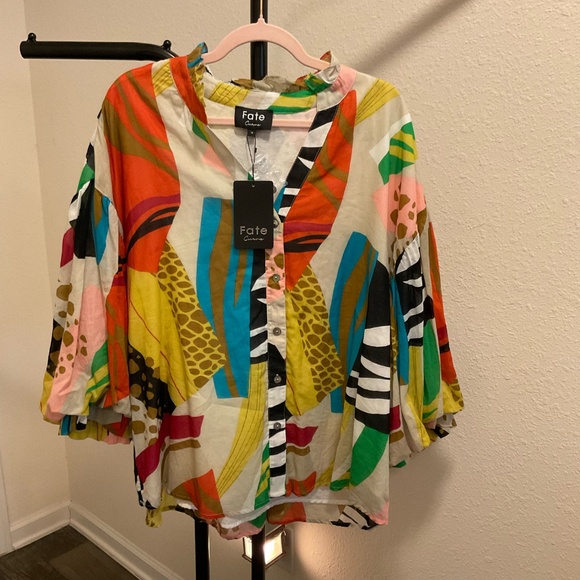 NWT, Fate, Abstract Print Bubble Sleeve Blouse - Multi, Sz 1x - Picture 5 of 8
